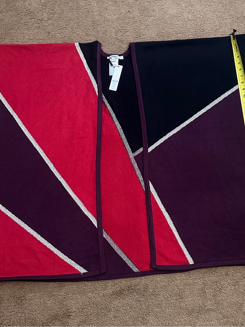 Chico's Red and Black Purple Gold Open-Front Cardigan with Purple Trim